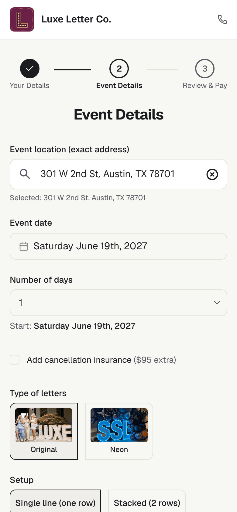 A marquee letter rental booking site on a phone: the customer's date, word and letter style